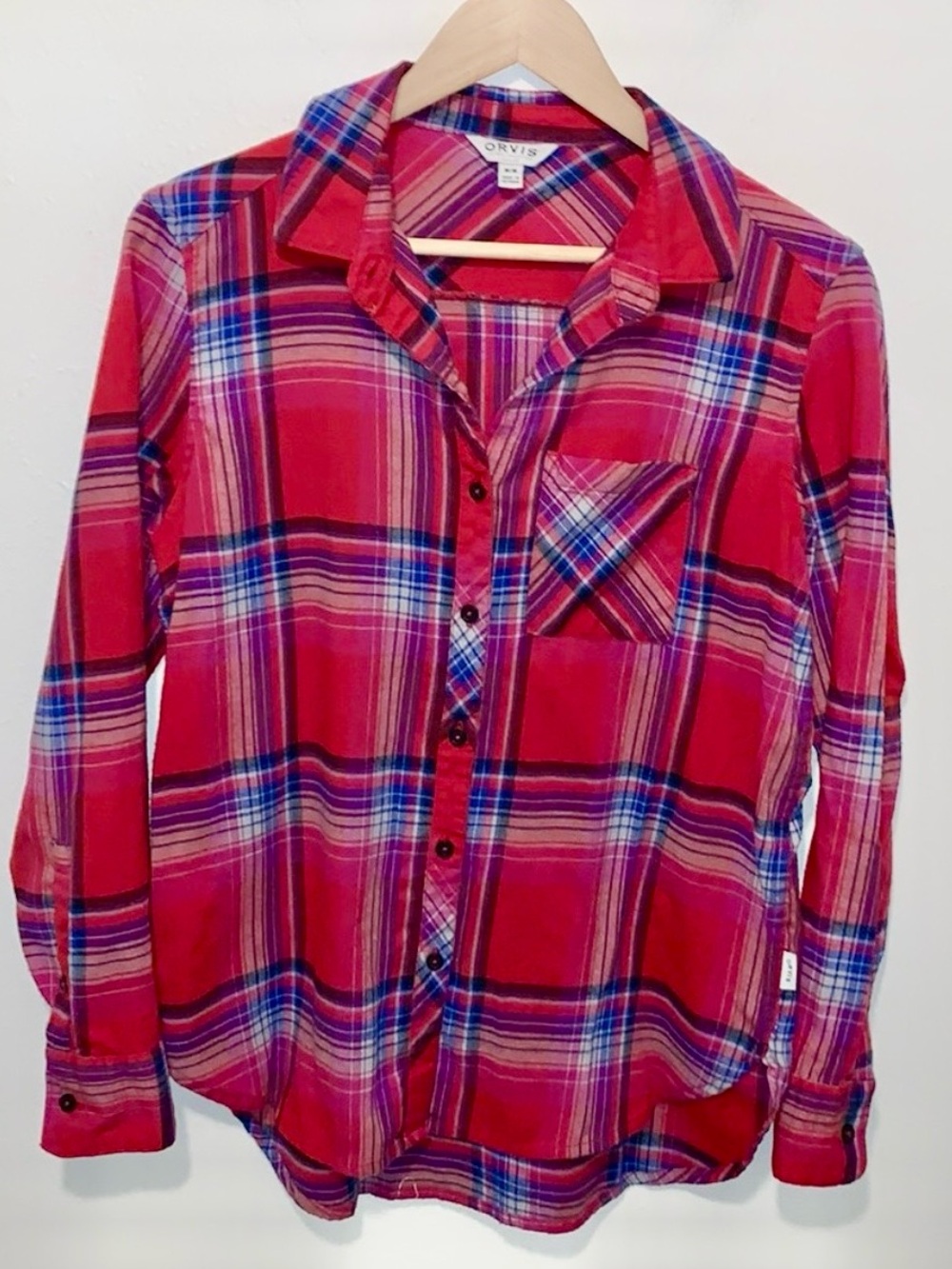 Orvis Plaid Flannel Button Down Shirt Red Blue White Womens Size Medium